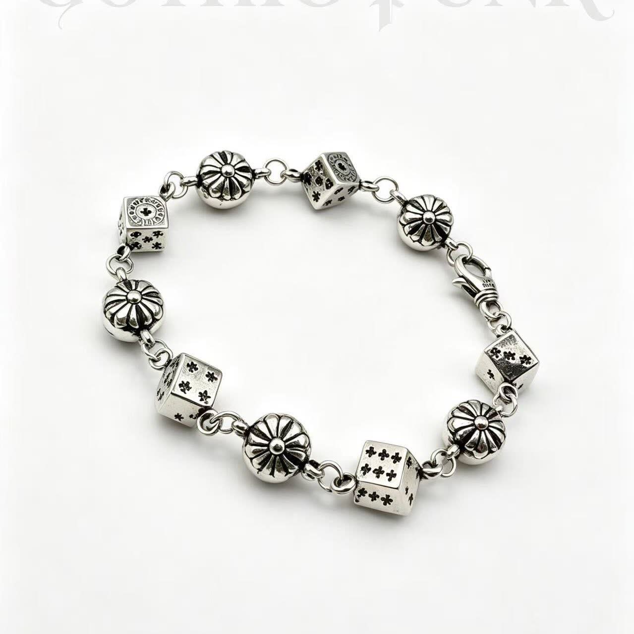 Chrome Hearts Sterling Silver Dice and Flower Charm Bracelet